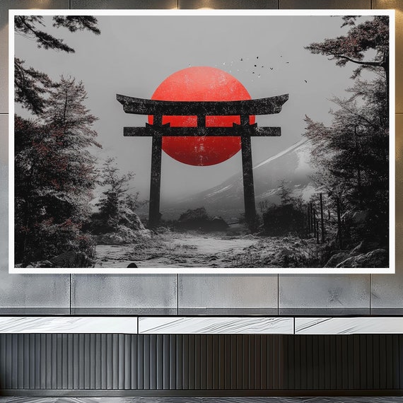 Torii Gate Art Japanese Art Wall Art Zen Decor Monochrome Art Ocean Waves Art Spiritual Decor Asian Wall Art Zen Home Decor