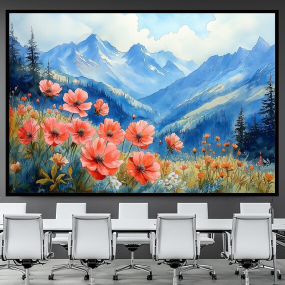 Coral Poppies Alpine Meadow Watercolor Blue Snowy Peaks Spring Poster