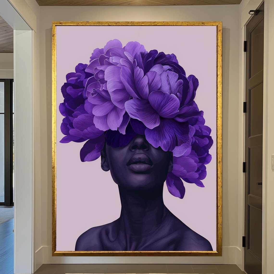 Purple Peony Floral Woman Portrait Modern Botanical Art Poster