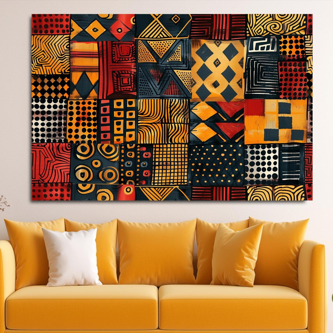 African Mudcloth Pattern Wall Art with Tribal Geometric Blocks