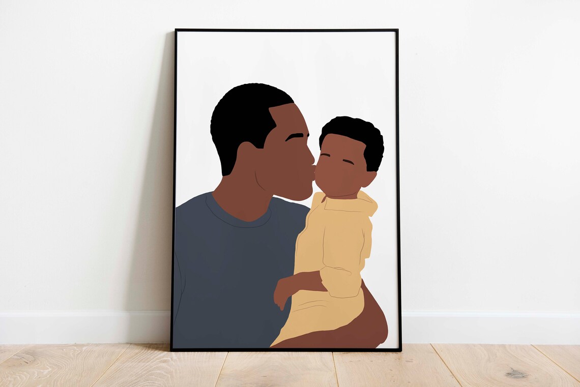 Black Father Kissing Son Minimalist Portrait Illustration Print - Image 2