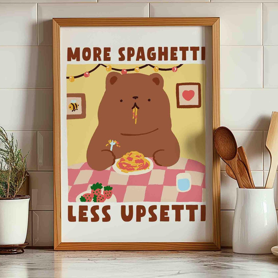 More Spaghetti Less Upsetti Cute Bear Pasta Kitchen Decor Poster