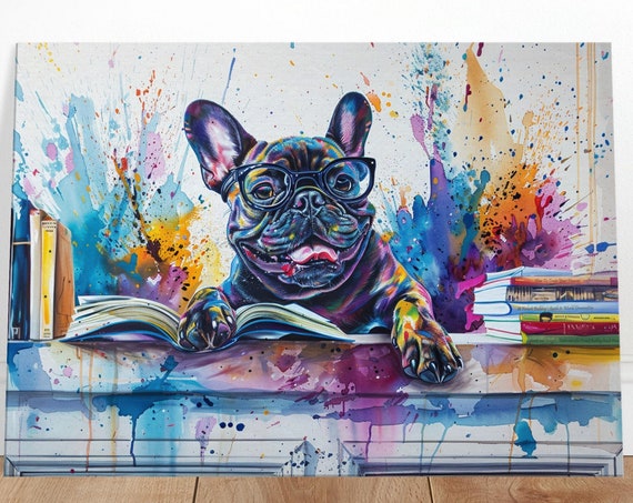 Funny French Bulldog Reading Canvas Beautiful Frenchie Mom Dad Gift Watercolour Paint Splash Print For Dog Book Lovers Library Decor