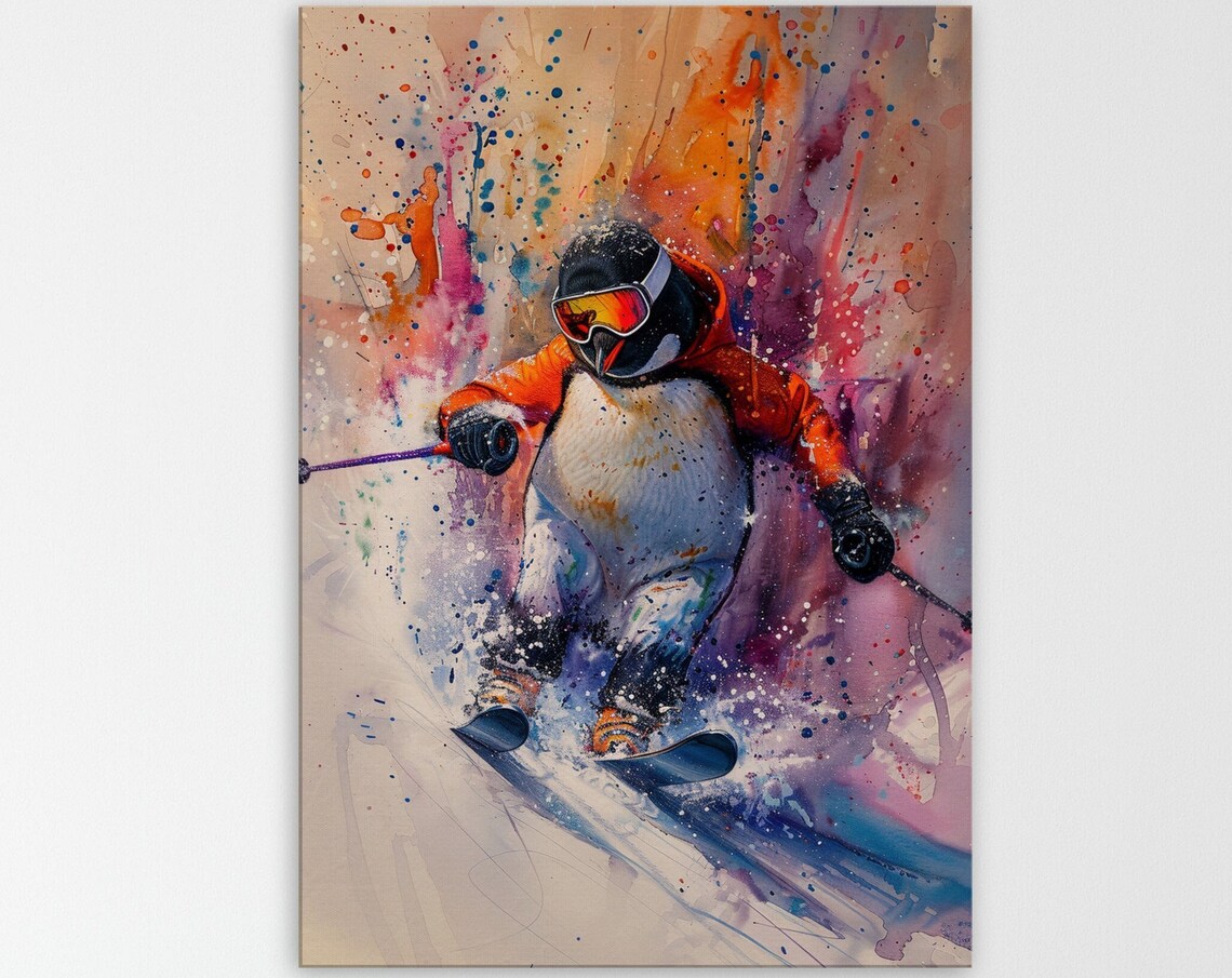 Skiing Penguin Watercolour Art Print, Funny Animal