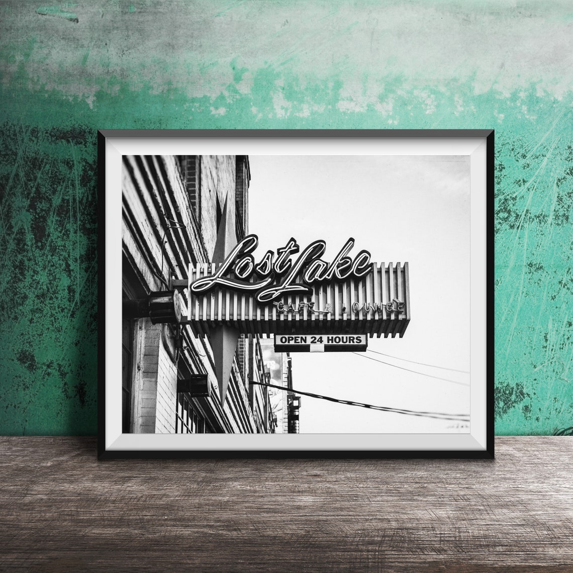 Lost Lake Cafe Lounge Open 24 Hours Turquoise Neon Sign Poster - Image 2