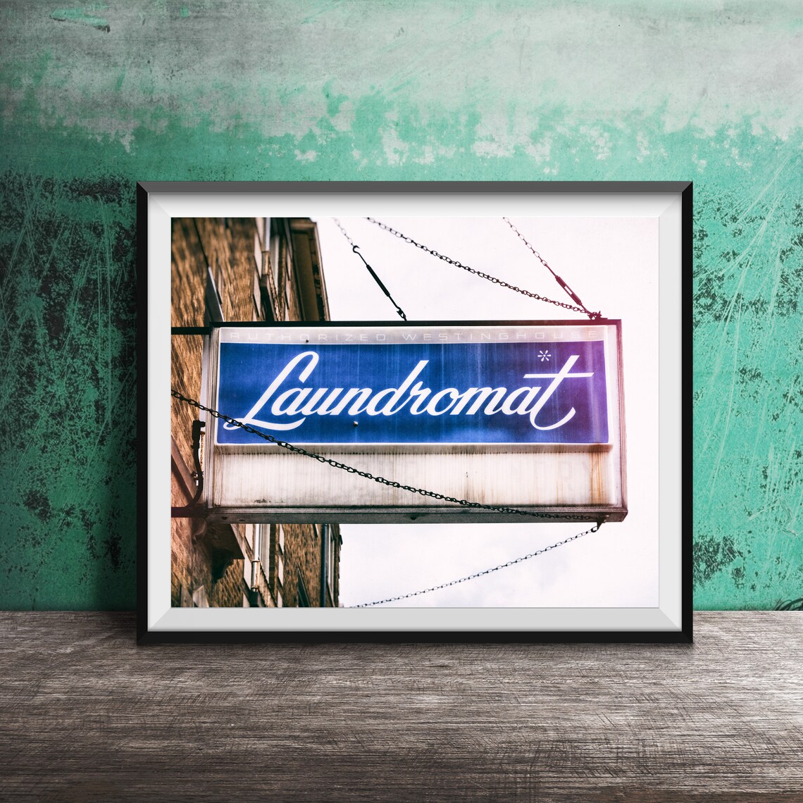 Laundromat Blue Sign, Mid-Century Modern Art Print