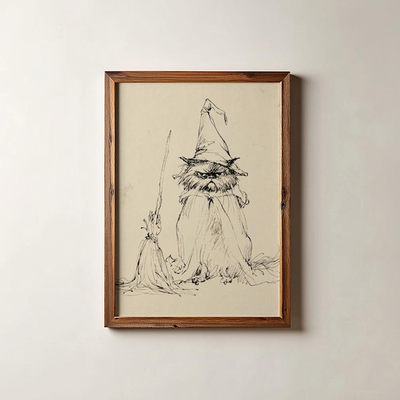 Grumpy Cat Witch Hat Broom Ink Sketch Funny Halloween Art Print