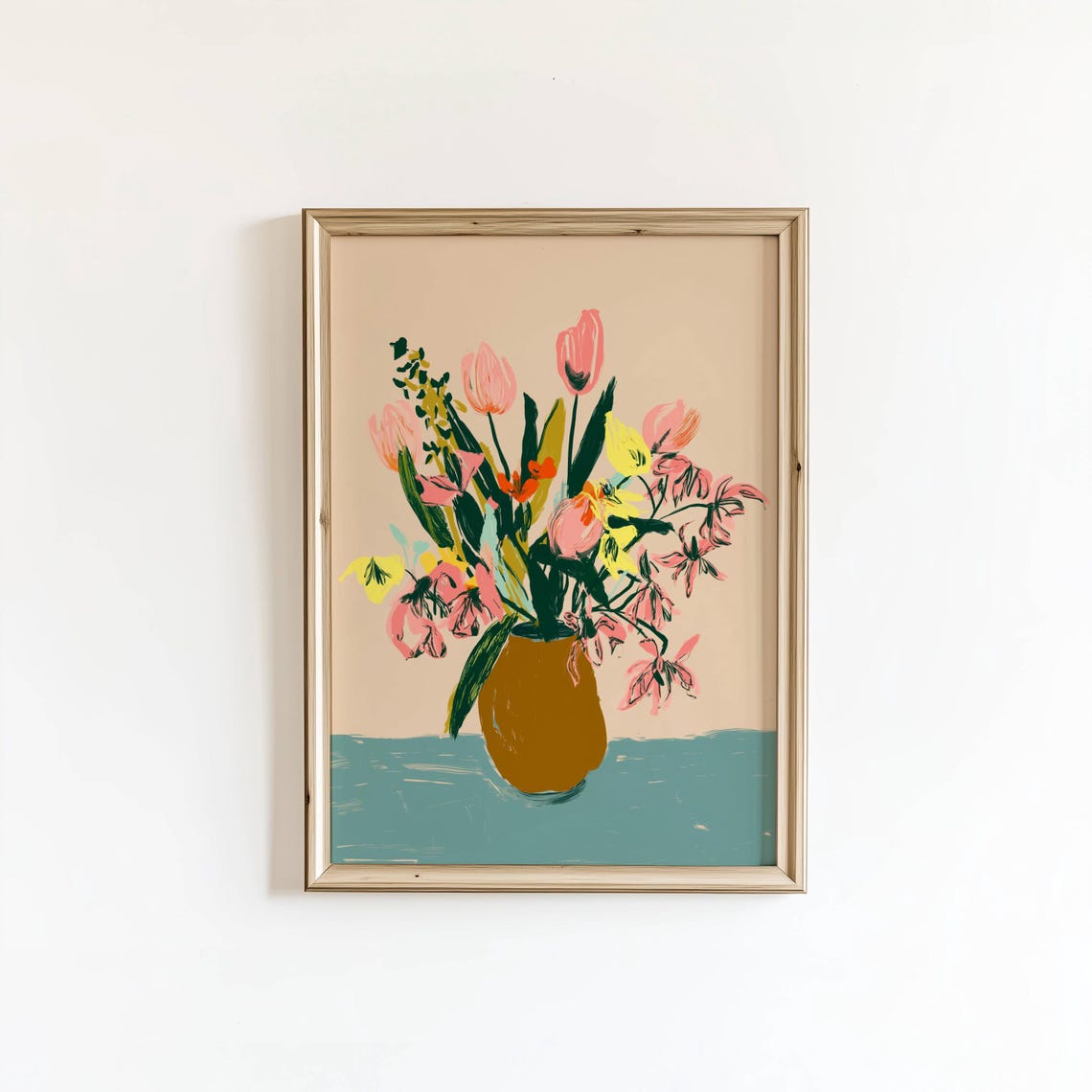 Pink Tulips Bouquet Print Ochre Vase Teal Table Painterly Floral Decor