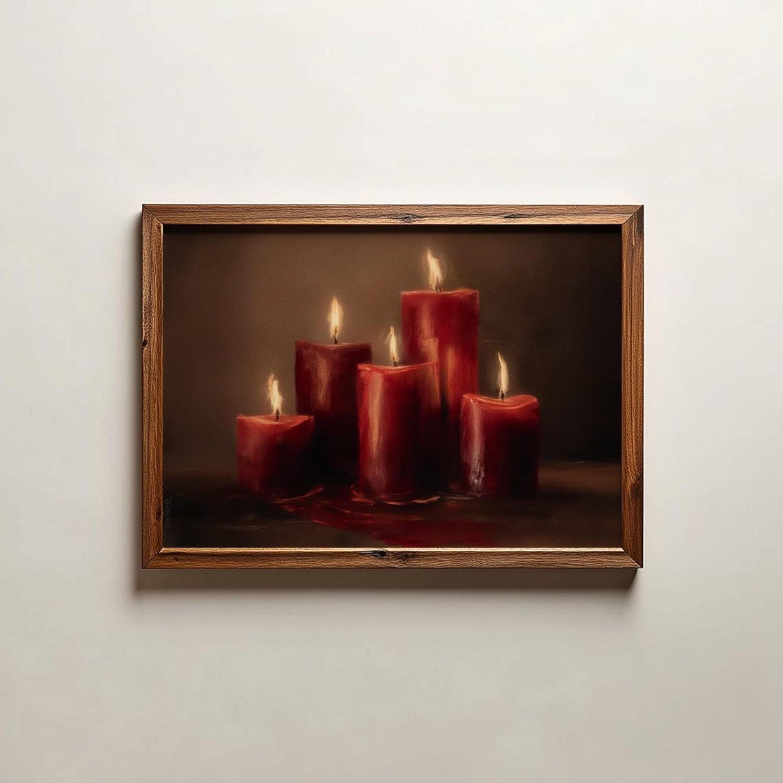 Five Burning Red Candles Moody Glow Dark Background Art Poster