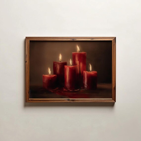 Five Burning Red Candles Moody Glow Dark Background Art Poster