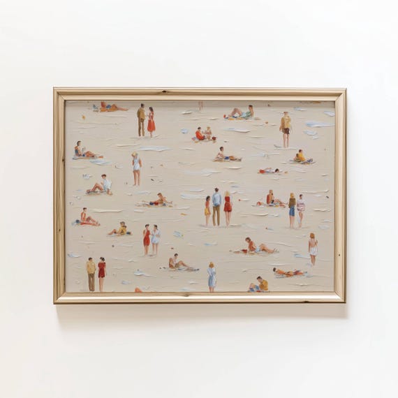 Beach Oil Painting Art Print People Tanning Fun Minimalist Coastal Decor Digital Download