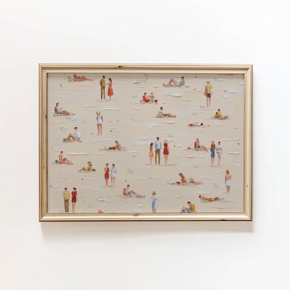 Minimalist Beach People Oil Painting Sunbathing Coastal Wall Art