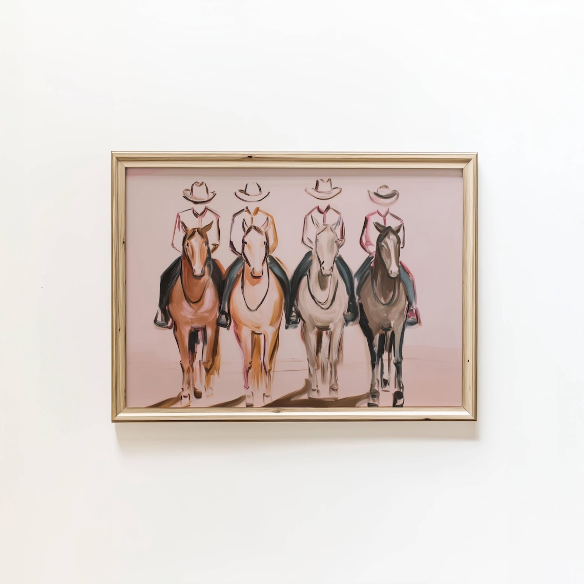 Four Cowboys Riding Horses Blush Pink Minimalist Western Poster