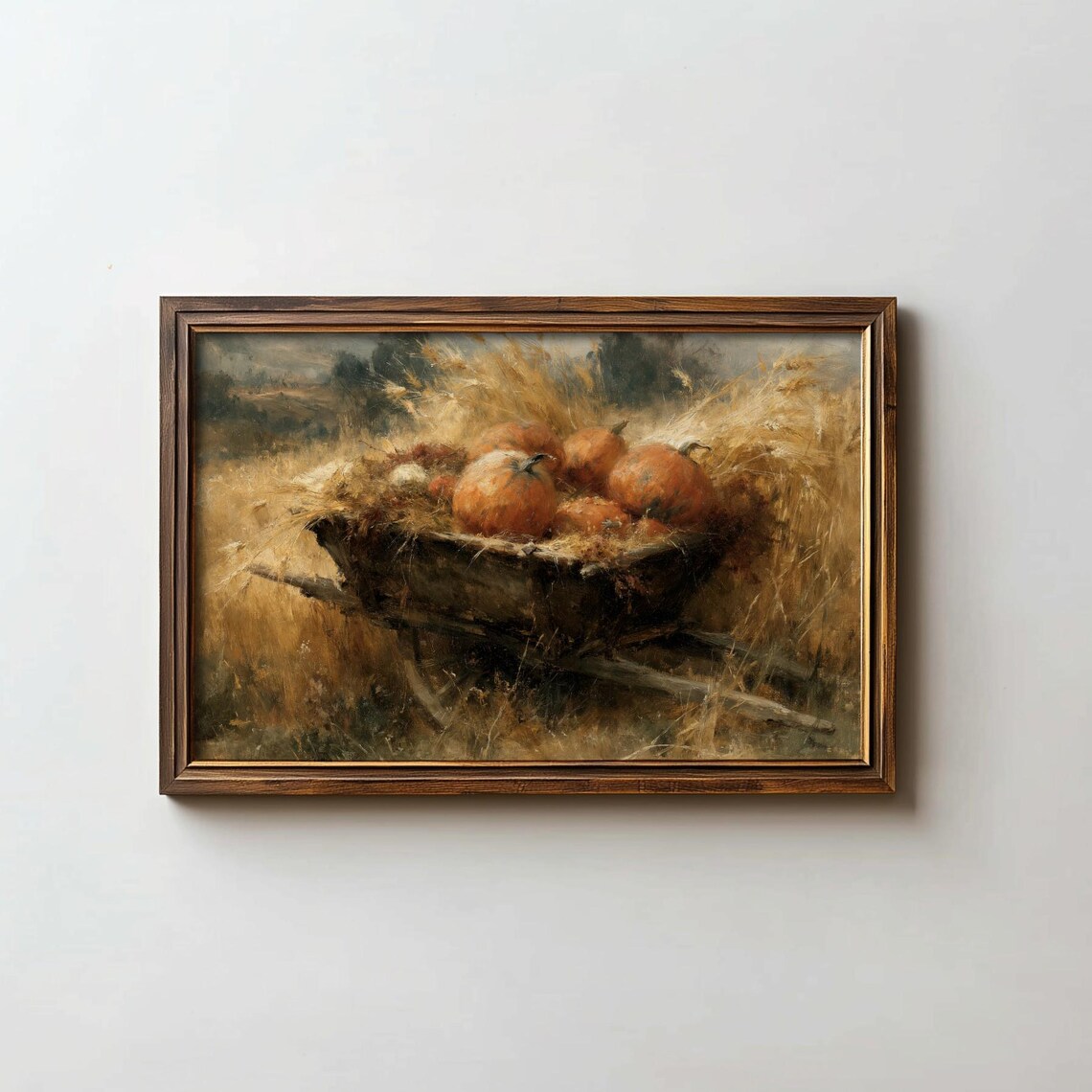 Wheelbarrow Full of Pumpkins Golden Wheat Field Oil Painting Poster