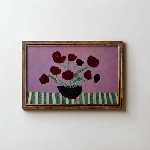 Red Tulips Naive Art Print Purple Background Modern Floral Decor