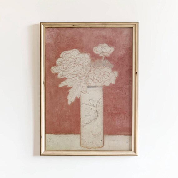 White Peonies Line Art Terracotta Red Minimalist Botanical Poster