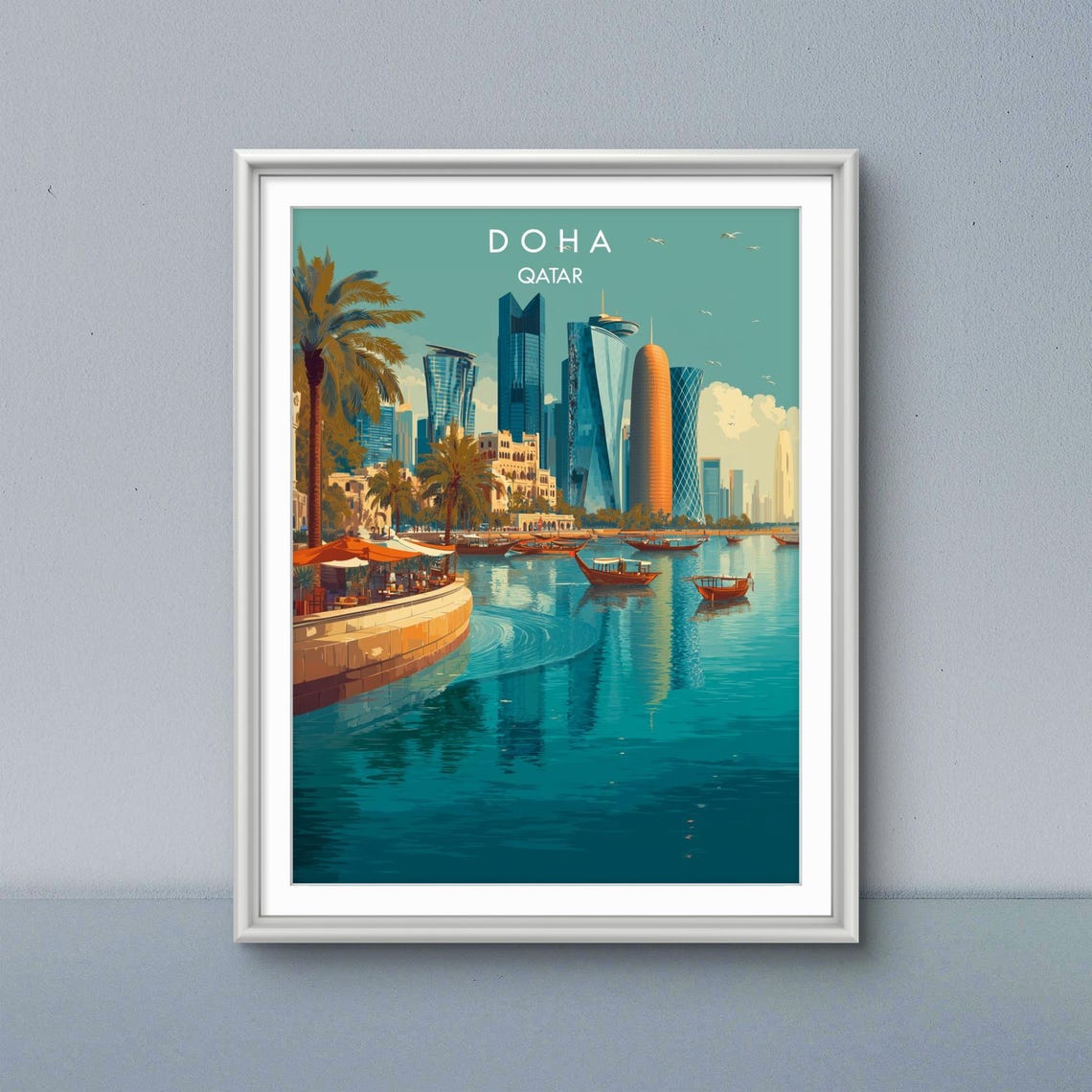 Doha Qatar Skyline Minimalist Art Poster West Bay Towers Dhows Harbor