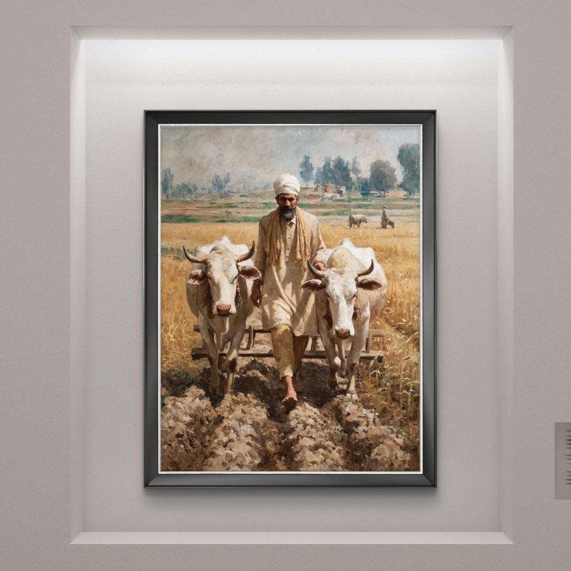 Punjabi Farmer Plowing Field With Two Oxen Vintage Rural Life Poster