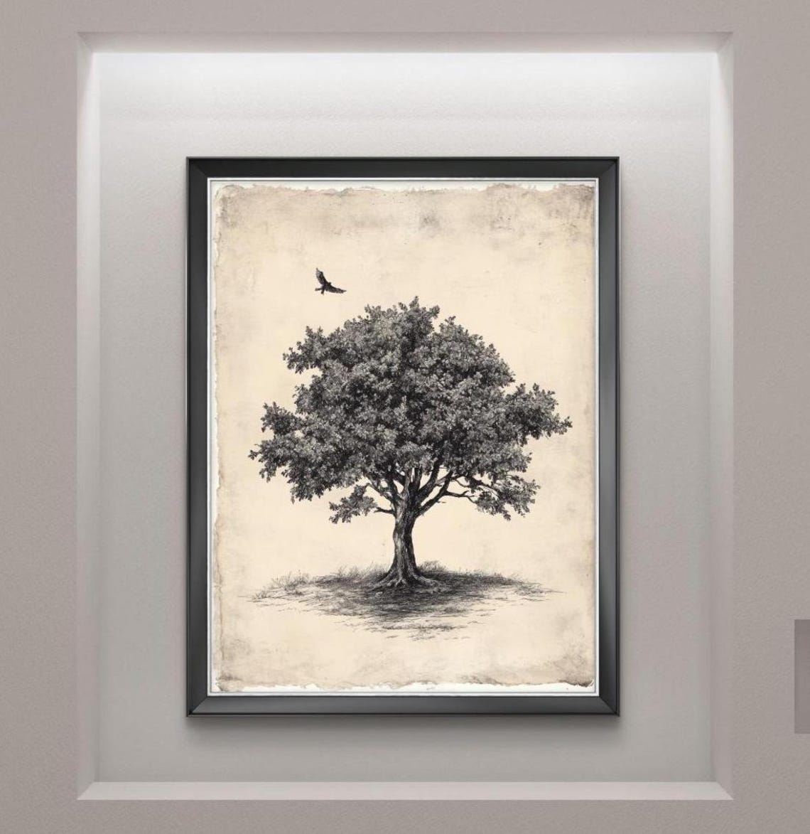 Vintage Oak Tree Ink Sketch With Bird Antique Botanical Drawing Poster