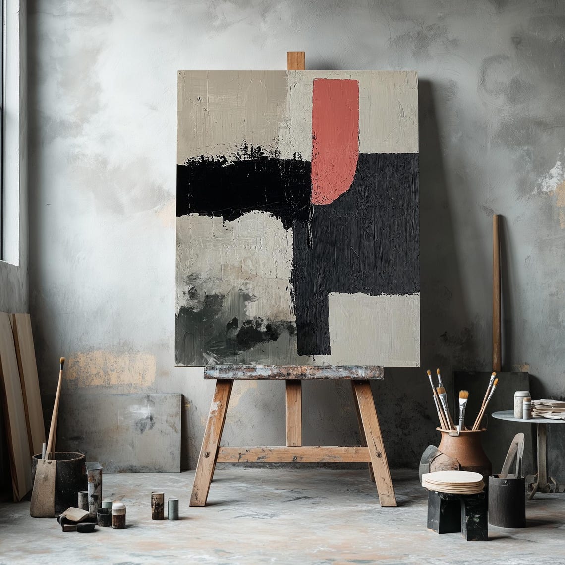 Modern Abstract Geometric Oil Painting Wall Art For Living Room Minimalist Large Decor Contemporary Neutral Beige Vibrant Brush Strokes - Image 2