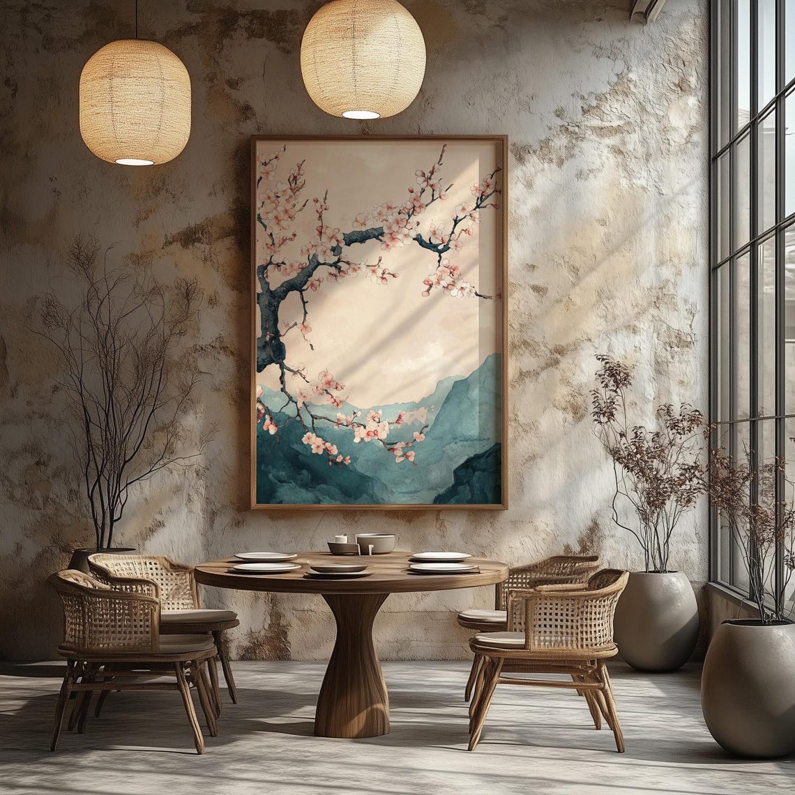 Japanese Watercolor Cherry Blossom Branch Over Teal Mountains Wall Art - Image 2