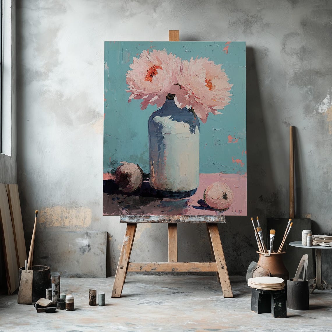 Pink Peonies In White Vase Turquoise Impasto Floral Painting Print - Image 4