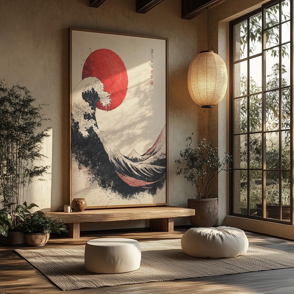 Great Wave Style Japanese Ink Art With Red Sun Japandi Wall Art - Image 4