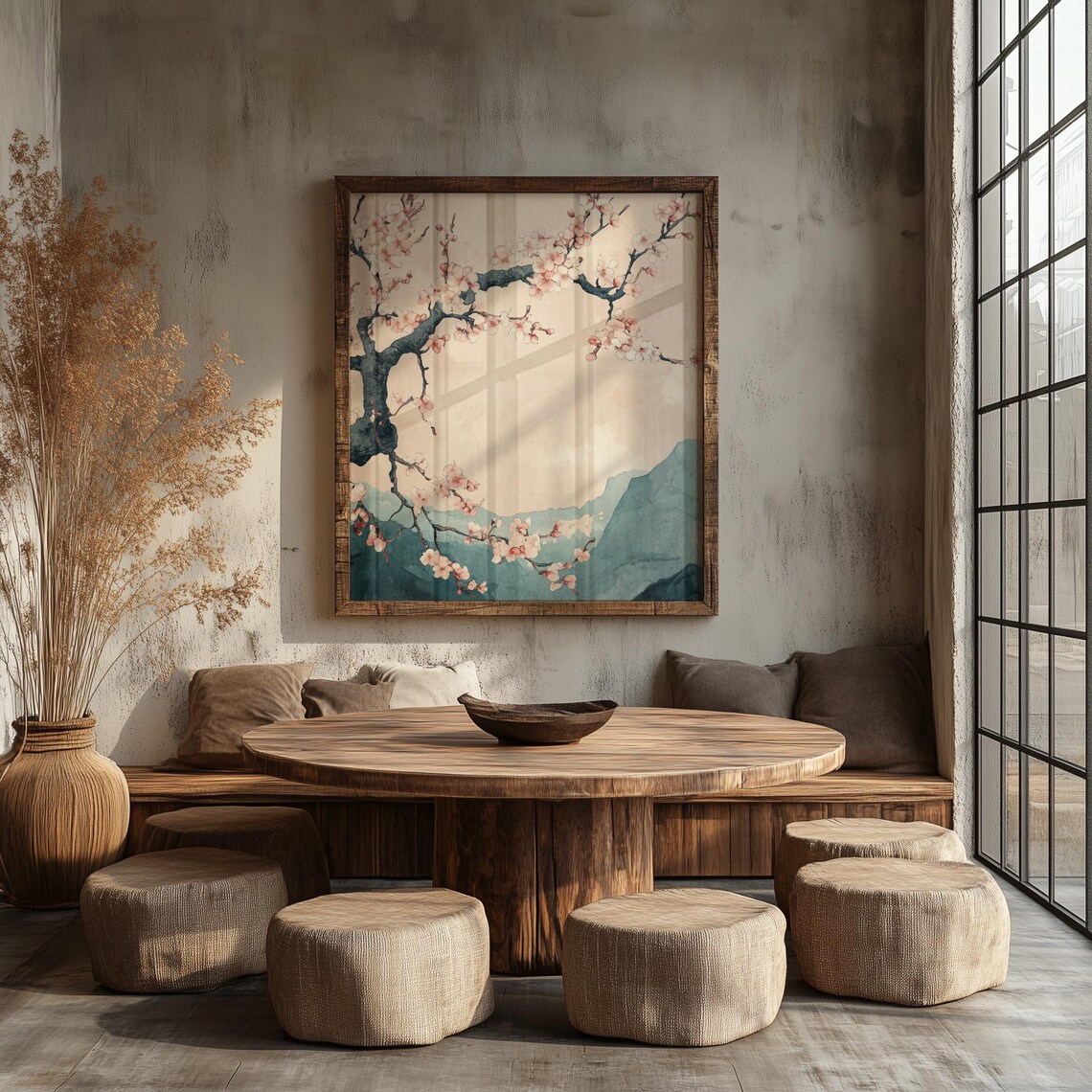 Japanese Watercolor Cherry Blossom Branch Over Teal Mountains Wall Art - Image 3