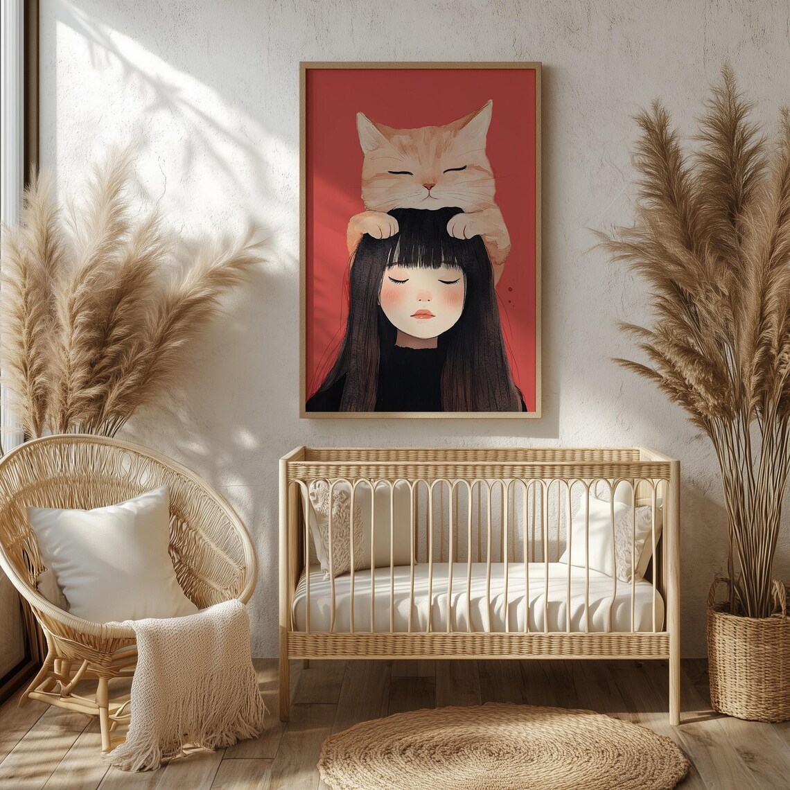 Ginger Cat Resting On Sleeping Girl Watercolor Nursery Wall Art - Image 3