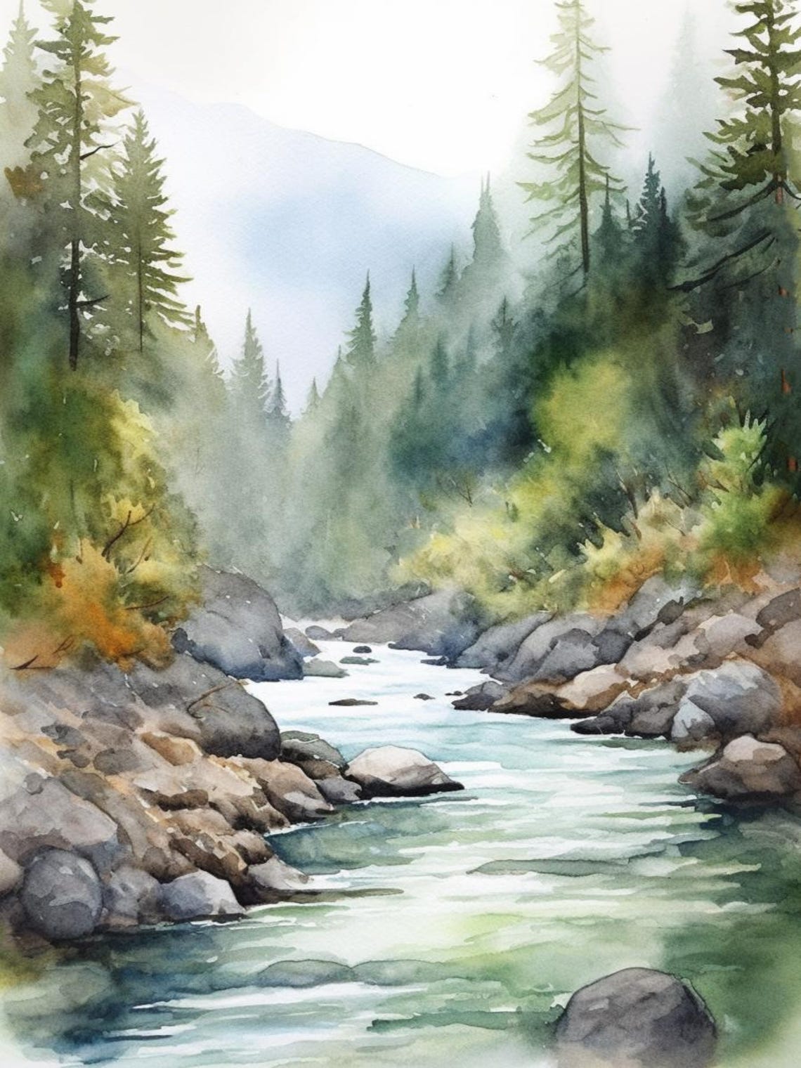 Misty Mountain Stream Evergreen Forest Watercolor Nature Art Poster