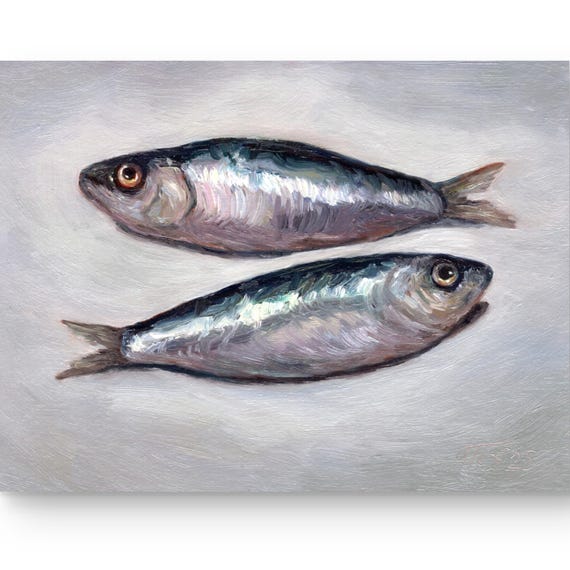 Sardines Realistic Fish Oil Painting, Coastal Decor