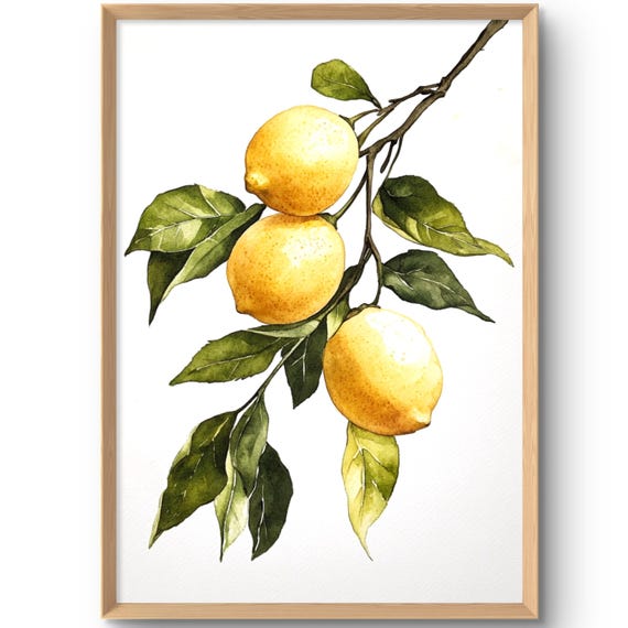 Lemon Art Print Branch Wall Botanical Watercolor Style Poster Yellow Lemons Artwork Fruit Kitchen Decor