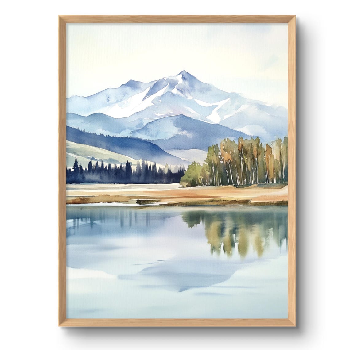 Snowy Mountain Peak Reflected in Alpine Lake Watercolor Print