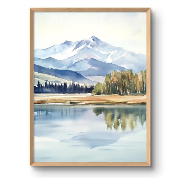 Snowy Mountain Peak Reflected in Alpine Lake Watercolor Print
