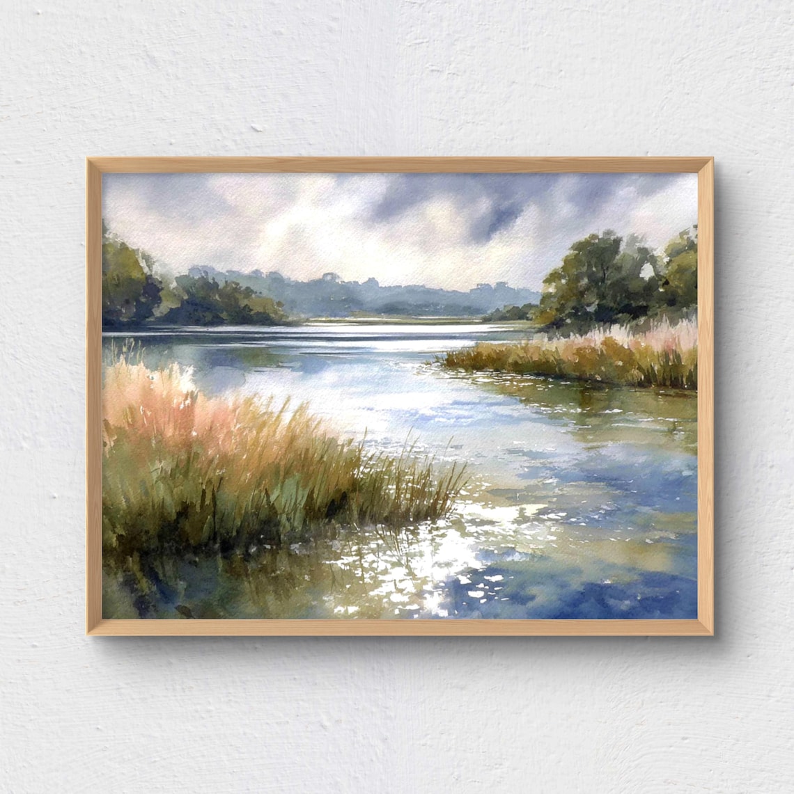 Misty Lake with Golden Reeds Watercolor Tranquil Landscape Print