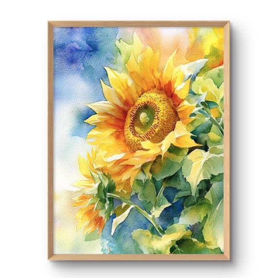 Sunflower Art Print Floral Wall Botanical Sunflowers Watercolor Style Flower Garden Decor Blue Yellow Poster