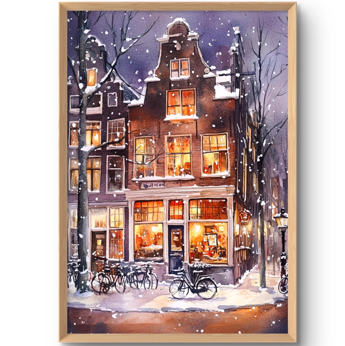 Amsterdam Winter Night Watercolor Art Print Snowy Canal Houses and Bicycles