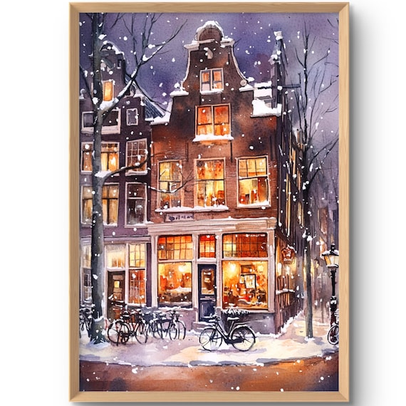 Amsterdam Winter Night Watercolor Art Print Snowy Canal Houses and Bicycles