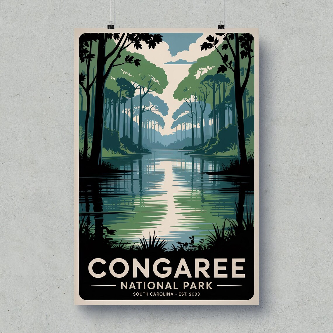 Congaree National Park Cypress Swamp River Reflections Vintage Travel Poster