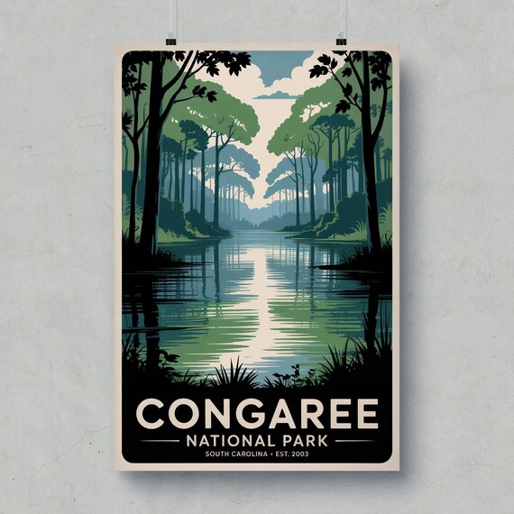 Congaree National Park Cypress Swamp River Reflections Vintage Travel Poster