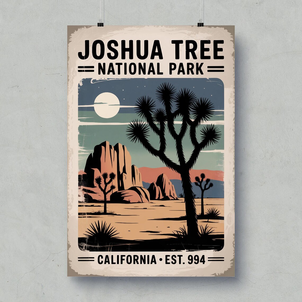 Joshua Tree National Park Vintage Travel Poster Moonlit Desert Scene