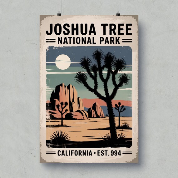 Joshua Tree National Park Vintage Travel Poster Moonlit Desert Scene