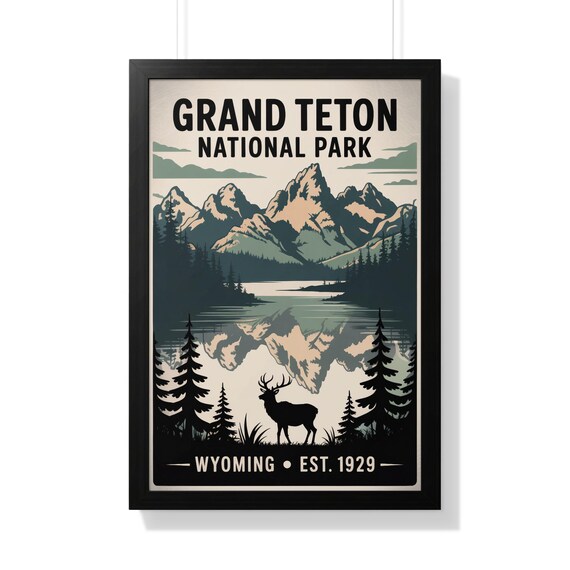Grand Teton National Park Wyoming Elk Lake Reflection Vintage Poster Art