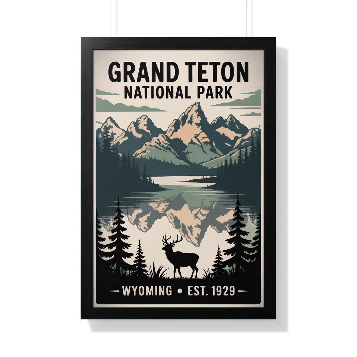 Grand Teton National Park Wyoming Elk Lake Reflection Vintage Poster Art