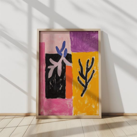 Floral Geometry Botanical Art Print Bold Color Block Illustration Mid Century Modern Style Wall Decor Vibrant Plant Inspired Artwork