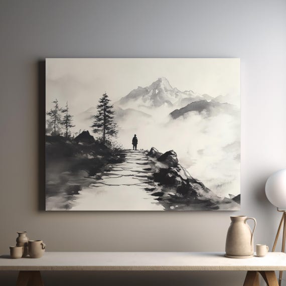 The Journey Of A Thousand Miles Japanese Ink Wash Art With Lao Tzu Quote Misty Mountain Path Tranquil Meditative