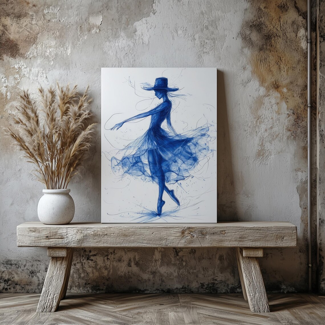 Elegant Dancer Line Art Monochrome Blue Twirl Movement Modern Wall Print - Image 6