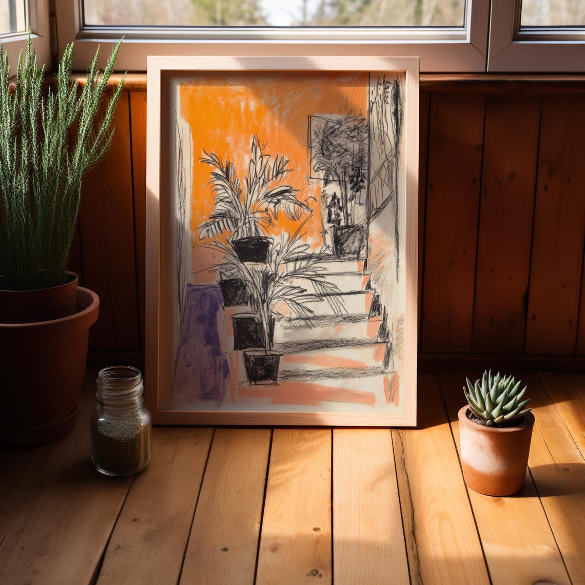 Potted Plants Charcoal Sketch Bold Orange Wall Interior Art Poster - Image 7
