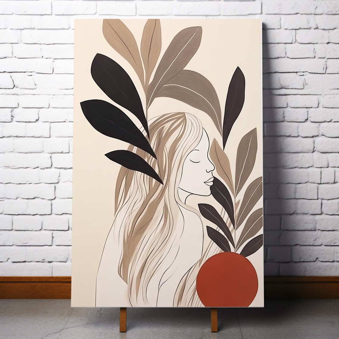Minimalist Botanical Woman Line Art Earthy Leaves Flowing Hair Poster - Image 3