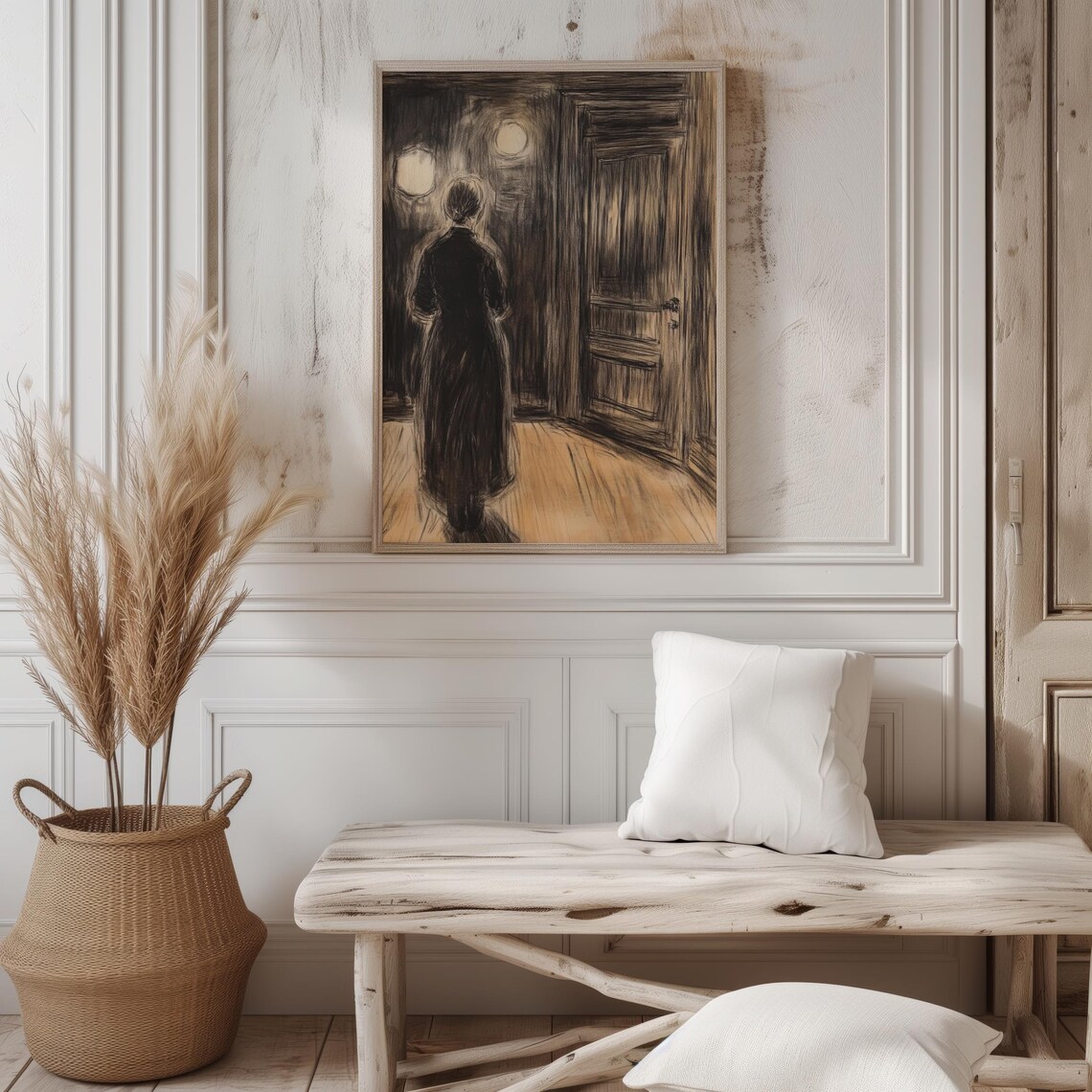 Moody Charcoal Sketch Woman In Dimly Lit Room Dark Interior Wall Art Print - Image 4